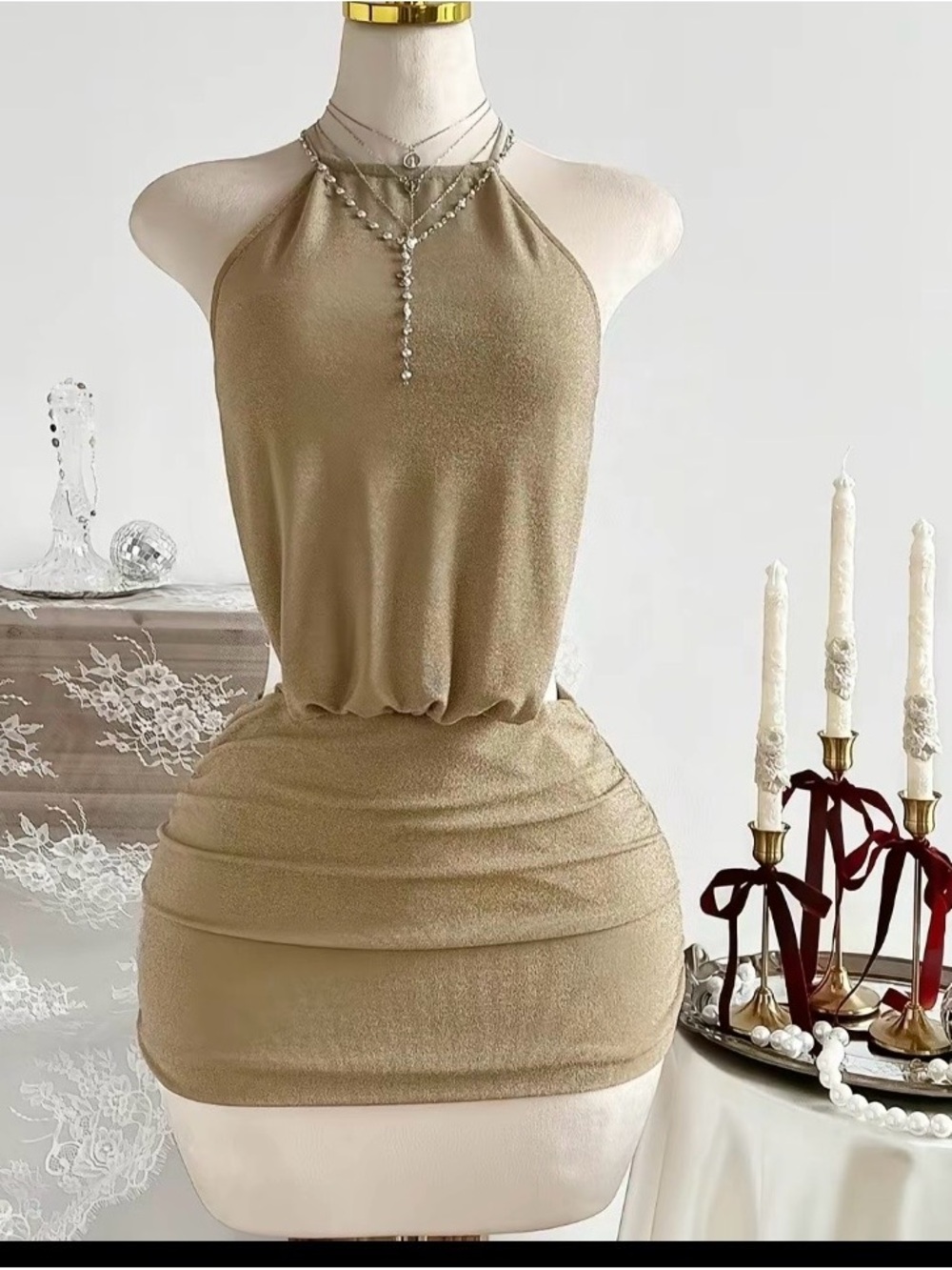 Halter Bodycon Mini Dress in Shimmery Gold